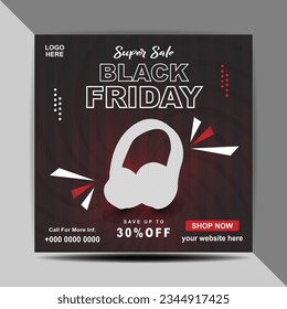 Vector Black Friday Headphone social media post and web banner template
