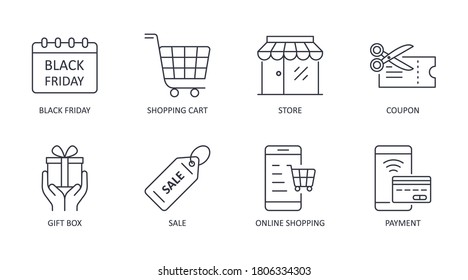 Vector Black Friday Icons. Holiday Sale Icon Symbol Editable Stroke. Shopping Cart Calendar Store Coupon. Gift Box Sale Online Shopping Payment.