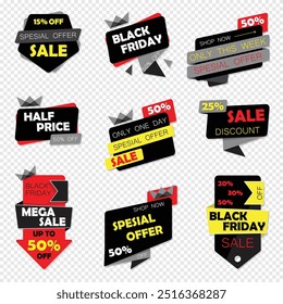 Vector black Friday illustrations of sale and discount banners, lettering: special offer, discount, sale, this week only, today only, big sale, mega sale, half price, discounts up to 50%