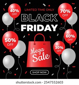 Vector Black Friday Mega Sale limited time only, advertising banner, percent discount special offer, red and white  balloons, confetti, shopping bag, shop now button illustration on black background.