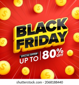 Vector of Black Friday Poster or banner with golden coins on red background.Black Friday sales banner template design for social media and website.