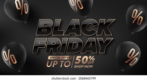 Vector of Black Friday Poster or banner with Black Balloons Discount Sign on black background.Black Friday sales banner template design for social media and website.