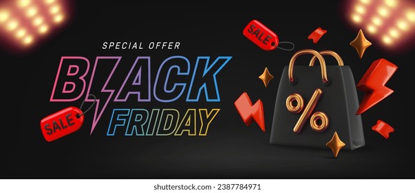 Vector of Black Friday Poster or banner with Realistic black Shopping bag, coupon  and 3D Flash icon. Black friday day sales banner template design for social media and website.