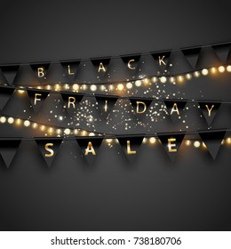 Vector black friday promo banner with black bunting flags and shiny lights
