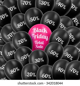 Vector. Black Friday. Realistic black helium balloons with discounts. Background Black Friday. Total sales. Celebratory background with black balloons.