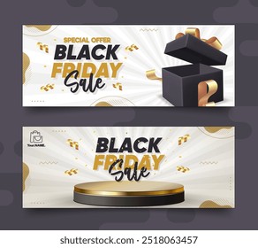 Anuncio Horizontal abstracto de la venta 3D del viernes negro del Vector con el texto de la promoción y el estilo 3D de la caja de regalo y del podio en el fondo blanco.