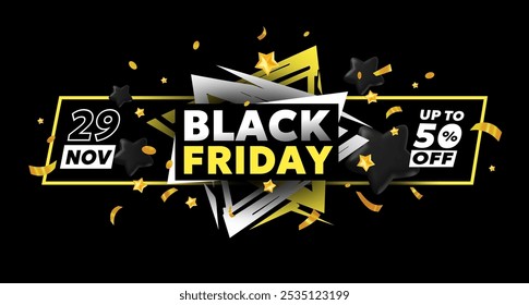 Vetor preto sexta-feira venda ilustração abstrata do texto do rótulo com 50% de desconto e padrão de estrela no fundo escuro. 3d estilo promoção de negócios de promoção de moda design de preto sexta-feira logotipo do dia de desconto