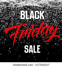Vector Black Friday Sale background with shining snowflakes falling down. Vector illustration on darkbackground. Abstract rain of shining dots as prices fall down