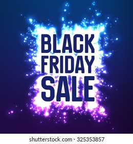 Vektorillustration Black Friday Sale Hintergrund mit glänzendem Feuerwerk. Vektorillustration auf violettem Hintergrund. Abstrakte Explosion glänzender Punkte. 