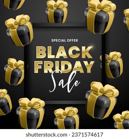 Vector Black Friday sale banner with 3d render black gold gift boxes pile on black background. Social media square design template special offer sale