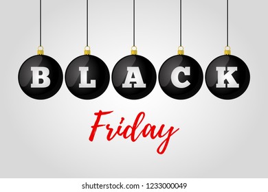 Vector black friday sale. Christmas glass balls with clearance for ad poster, banner. Decoration for discounts.