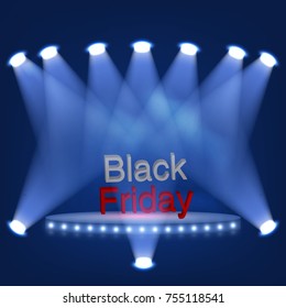 Vector Black friday sale design template. Podium and bright spotlights, presentation.