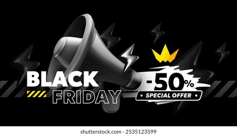 Vector black friday sale fashion illustration with megaphone and logo text on dark background. 3d style flash sale business promotion design of black friday label of discount day with megaphone