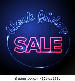 Vector black friday sale flyer banner header social media status template  made from blue and pink neon sign on the dark background. Balck friday tag sign label template.