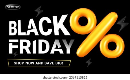 Vector black friday sale illustration with text and yellow air balloon percent sign on dark color background. 3d style sale design with word black friday for web, site, banner, poster