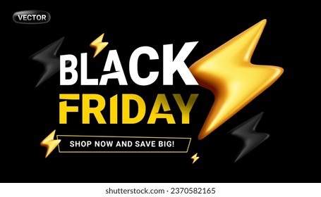 Vector black friday sale illustration with text and yellow lightning sign on dark color background. 3d style sale design with word black friday for web, site, banner, poster