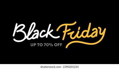 Vector black friday sale illustration with white and yellow text lettering on black background. 3d style sale design for web, site, banner, poster