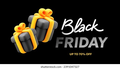 Vector black friday sale illustration with text lettering and gift box on black background. 3d style sale design for web, site, banner, poster