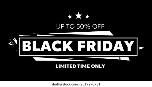 Ilustración de venta de viernes negro de Vector con texto blanco en negrita sobre fondo oscuro. Diseño creativo de la promoción del estilo plano del logotipo negro del viernes con el 50% de descuento para el Sitio web del descuento, Anuncio de la promoción