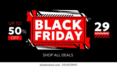 Vector black friday sale illustration with white bold type text on red background. Flat style sale promotion creative design of black friday label with 50% off for discount web site, promo banner