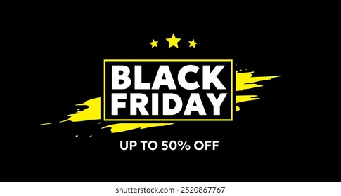 Ilustración de venta de viernes negro de Vector con texto blanco en negrita sobre fondo oscuro con estrella amarilla. Diseño plano de la promoción de la venta del estilo del logotipo negro del viernes para el Sitio web del descuento, Anuncio de la promoción, volante