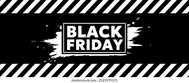 Vector black friday sale illustration with white bold type text on dark background with striped tape. Flat style sale promotion design of black friday logotype for discount web site, promo banner