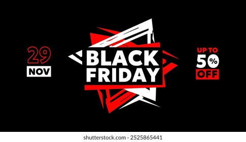 Vector black friday sale illustration with white and red bold type text on dark background. Flat style sale promotion creative design of black friday business label with 50% off for discount day