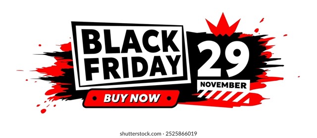 Vector black friday sale illustration with bold type text and red splash on white background. Flat style sale promotion design of business template of black friday logo for discount day promo banner