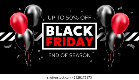 Vector black friday sale illustration with red helium air balloon and label lettering on dark background. 3d style sale business promotion design of black friday logo of discount day with air balloon