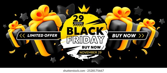 Vector black friday sale illustration with gift box and label lettering on dark background. 3d style sale business promotion design of black friday logo of discount day with present for promo site