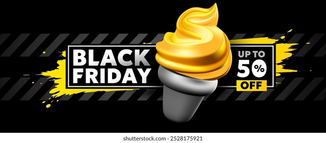 Vector black friday sale illustration with golden ice cream and label with 50% off on dark background. 3d style sale business promotion design of black friday logo of discount day with ice cream