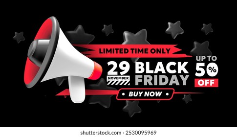 Vector black friday sale illustration with fashion megaphone and label text on dark background. 3d style sale business promotion design of black friday logo of discount day with megaphone for banner