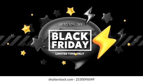 Vector black friday sale illustration with golden lightning and label text on dark background. 3d style sale business promotion fashion design of black friday logo of discount day with speech bubble