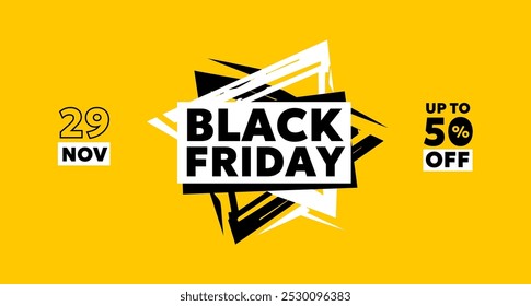 Ilustración de venta de viernes negro de Vector con texto de tipo en negrita sobre fondo amarillo. Diseño de promoción de venta de estilo plano de logotipo de negocios de viernes negro con 50% de descuento para Sitio web de día de descuento, Anuncio promocional