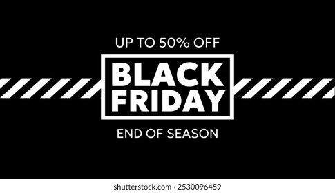 Vector black friday sale illustration with bold type text on dark background with striped tape. Flat style sale promotion design of black friday logotype for discount day with 50% off promo banner