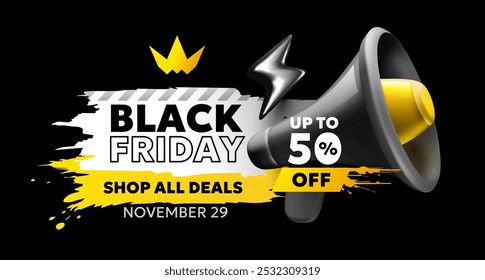 Vector black friday sale illustration of fashion megaphone and logo text on dark background. 3d style sale business promotion design of black friday label of discount day with megaphone and lightning