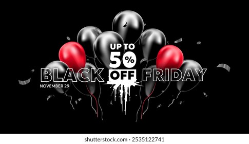 Vector black friday sale illustration of bunch of red helium air balloon with label on dark background. 3d style sale business promotion design of black friday logo of discount day with air balloon