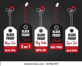 Vector black friday sale label or sales tag with pins on dark background