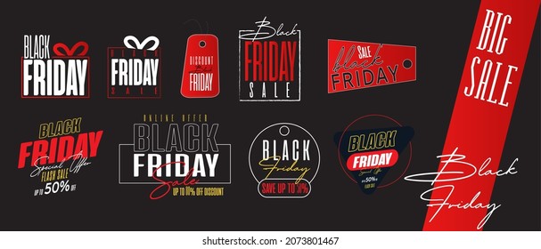 juego de etiquetas de venta de plaquetas de viernes negro vectorial. Para el diseño de plantillas de arte, se establecen señales de viernes en negro.eps