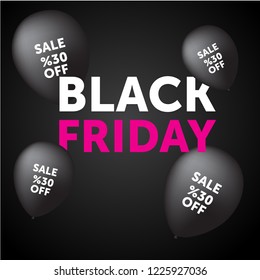 Vector black friday sale offer layout with baloon and offer text For shopping, mockup, banner, idea,, print, flyer, blank, card, ad, sign, poster, badge.