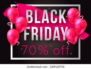 Vector Black Friday sale poster with shiny balloons, frame and confetti. Template for advertising posters, banners, flyers, leaflets, cards. 