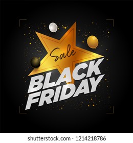 Vector Black Friday Sale poster design with star shape and 3d white, black and gold balloons. Elements are layered separately in vector file.