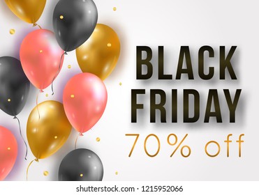 Vector Black Friday sale poster with shiny balloons and confetti. Template for advertising posters, banners, flyers, leaflets, cards. 