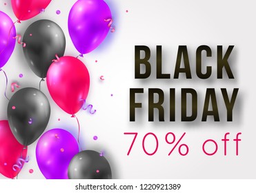 Vector Black Friday sale poster with shiny balloons, ribbons and confetti. Template for advertising posters, banners, flyers, leaflets, cards. 