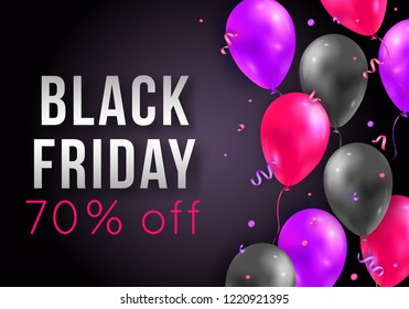Vector Black Friday sale poster with shiny balloons, ribbons and confetti. Template for advertising posters, banners, flyers, leaflets, cards. 