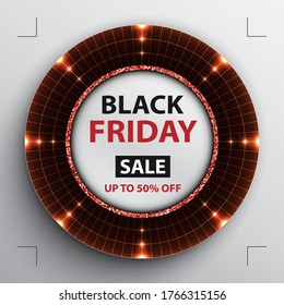 Vector Black Friday sale poster with round red target radar disk on black background.