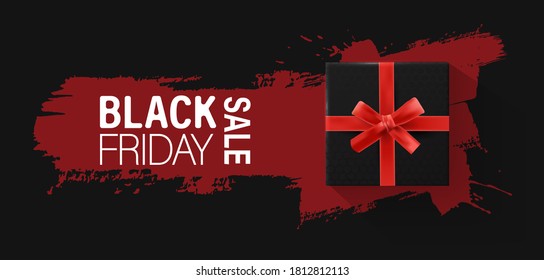 vector black friday sale with red ribbon and black giftbox on red paint background.
