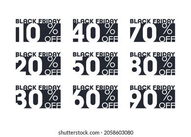 Vector Black Friday Sale Stickers With Percent Discount Offer Typographic Design Template Set Isolated On White Background. New Lower Prices Sale Off 10, 20, 30, 40, 50, 60, 70, 80, 90 Percentage