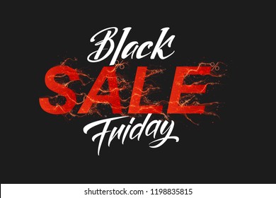 Vector Black Friday Sale text with red fire flames background. Wavy threads from red letters. Hot Black friday sale illustration for flyers, cards, promo materials etc. Thin curly flames. eps10.