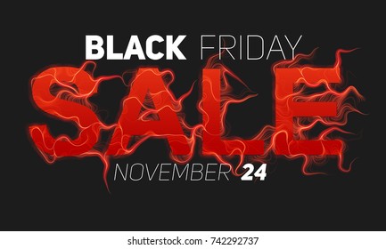 Vector Black Friday Sale text with red fire flames background. Wavy threads from red letters. Hot Black friday sale illustration for flyers, cards, promo materials etc. Thin curly flames. eps10